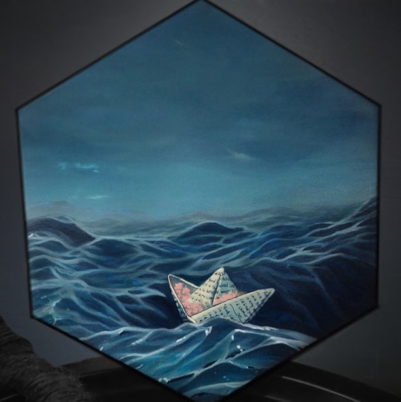 Papierschiff auf dem Meer, Acryl Malerei