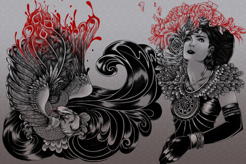 tattoo phoenix und frau illustration
